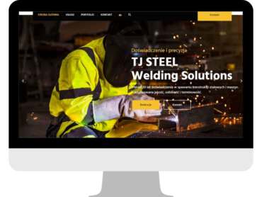 Website-Mockup von TJ STEEL PL auf einem Desktop-Monitor mit Hero-Bereich für Welding Solutions.