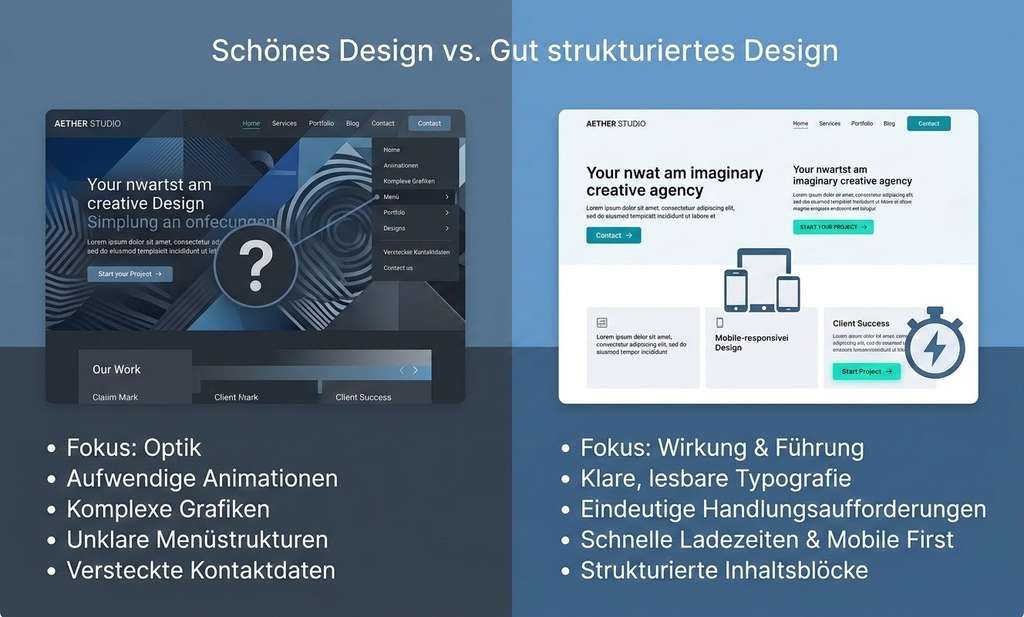 Gegenüberstellung - Schönes Design vs. Gut strukturiertes Design. Das Bild zeigt grafisch zwei Designansätze mit jeweils einer List des Design-Fokus.